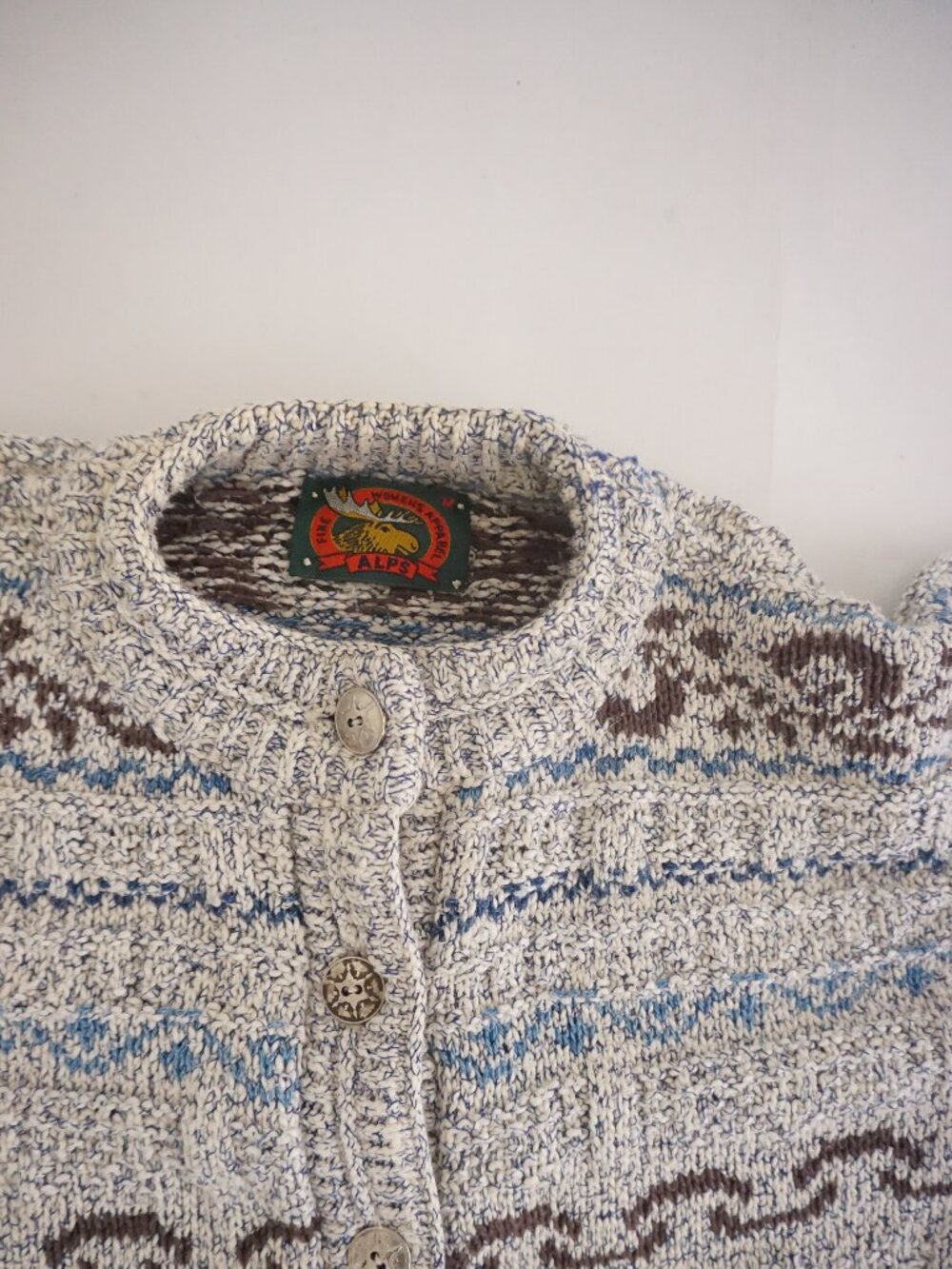 Vintage Alps Cream Blue Fair Isle Nordic Button Front Grandpa Cardigan M - Picture 9 of 9